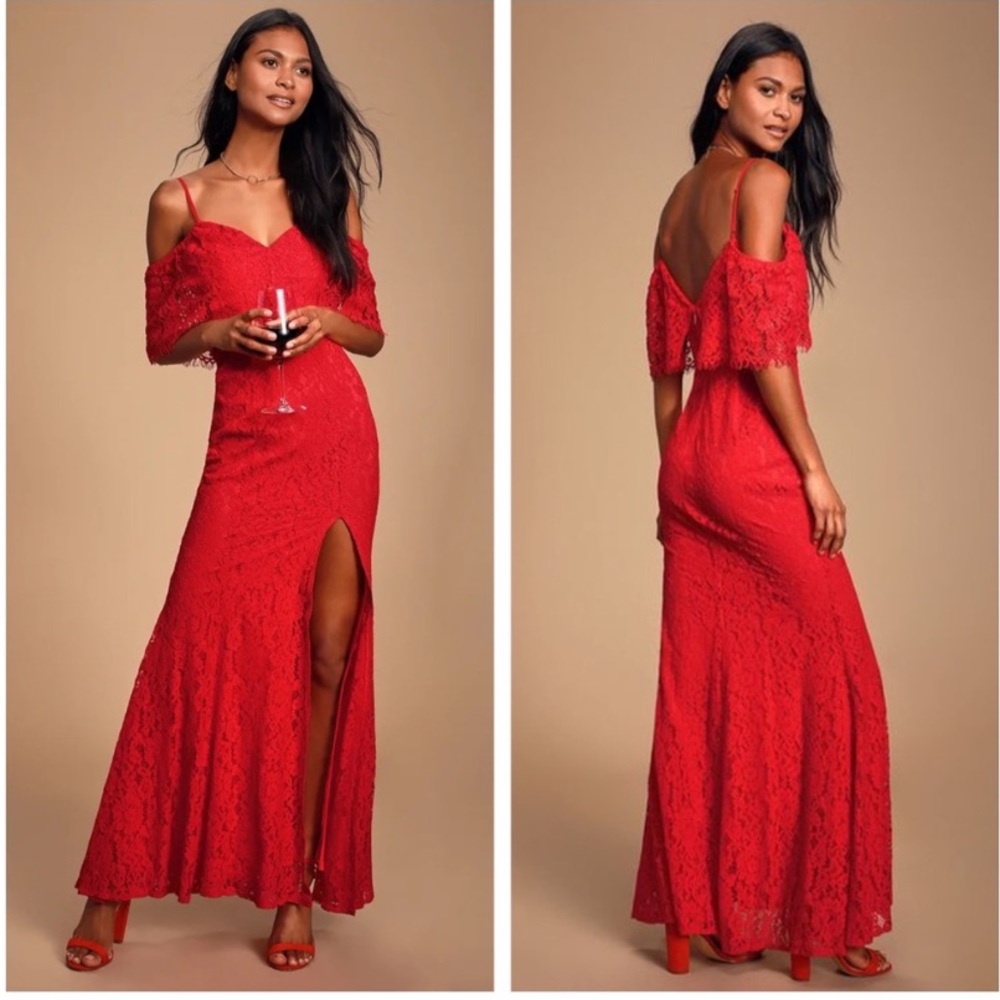 Lulu’s Red Lace Off the Shoulder Maxi Dress